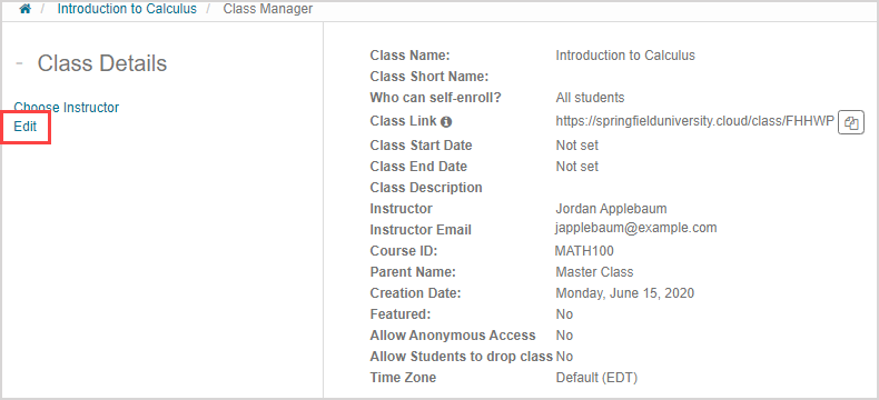 In the Class Manager, Edit is the second link under the Class Details pane on the left.